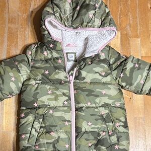 Baby GAP Green Camouflage Puffer Jacket with Pink Stars